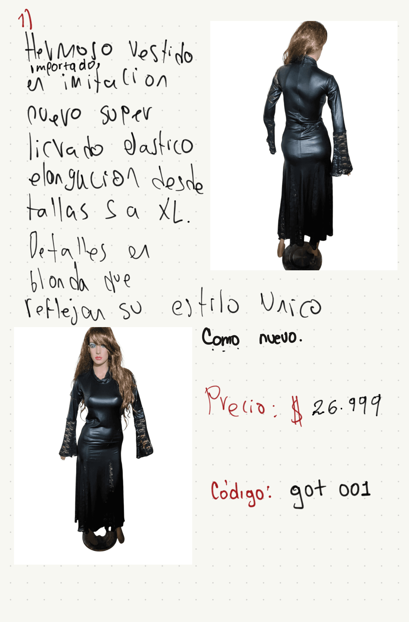 Hermoso vestido importado en imitación cuero super licrado elástico con detalles en blonda