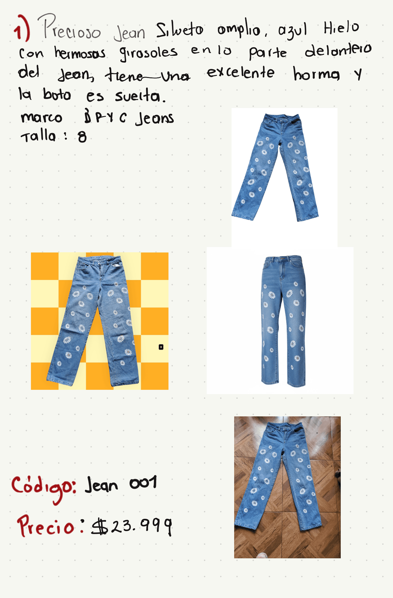 Precioso Jean Silueto amplio, azul hielo con hermosos girasoles en la parte delantera