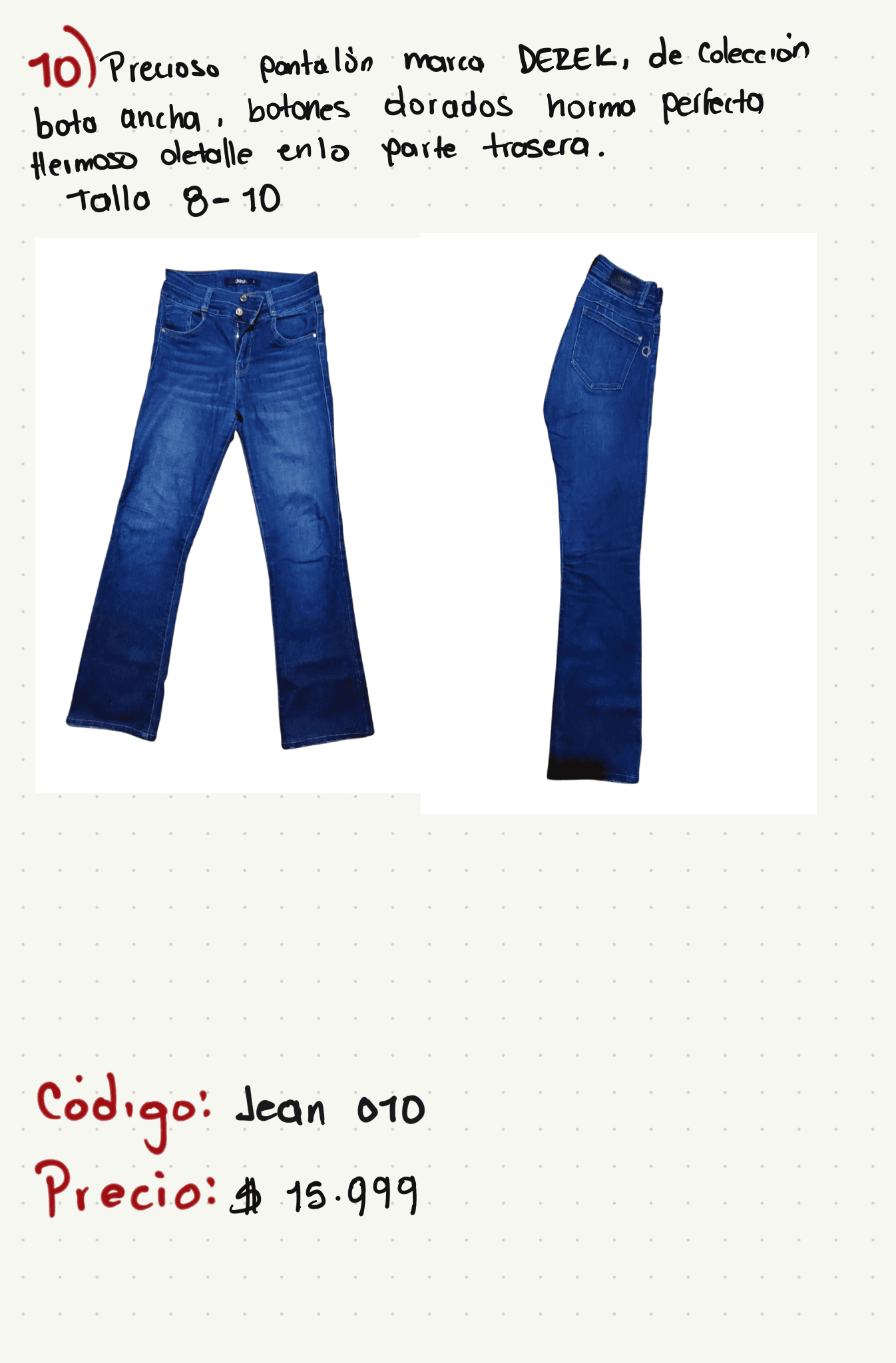 Precioso pantalón marca DEREK, de colección bota ancha, botones dorados horma perfecta hermoso detalle en la parte trasera