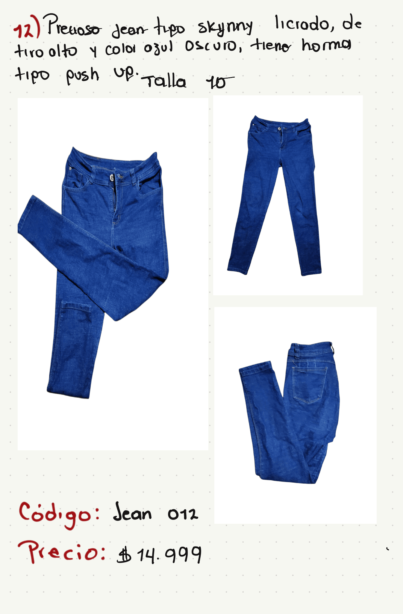 Precioso jean tipo skinny licrado, de tiro alto y color azul oscuro, tiene horma tipo push up