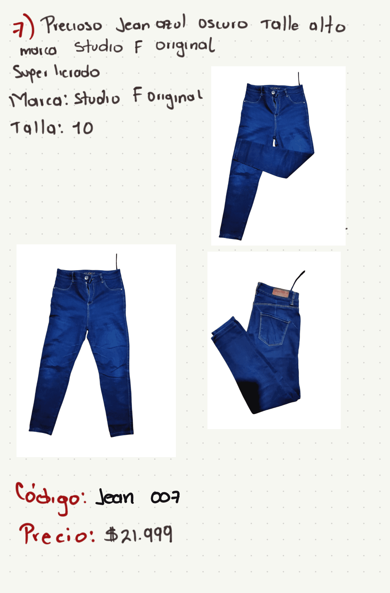 Precioso Jean azul oscuro talle alto marca Studio F Original Super liciado