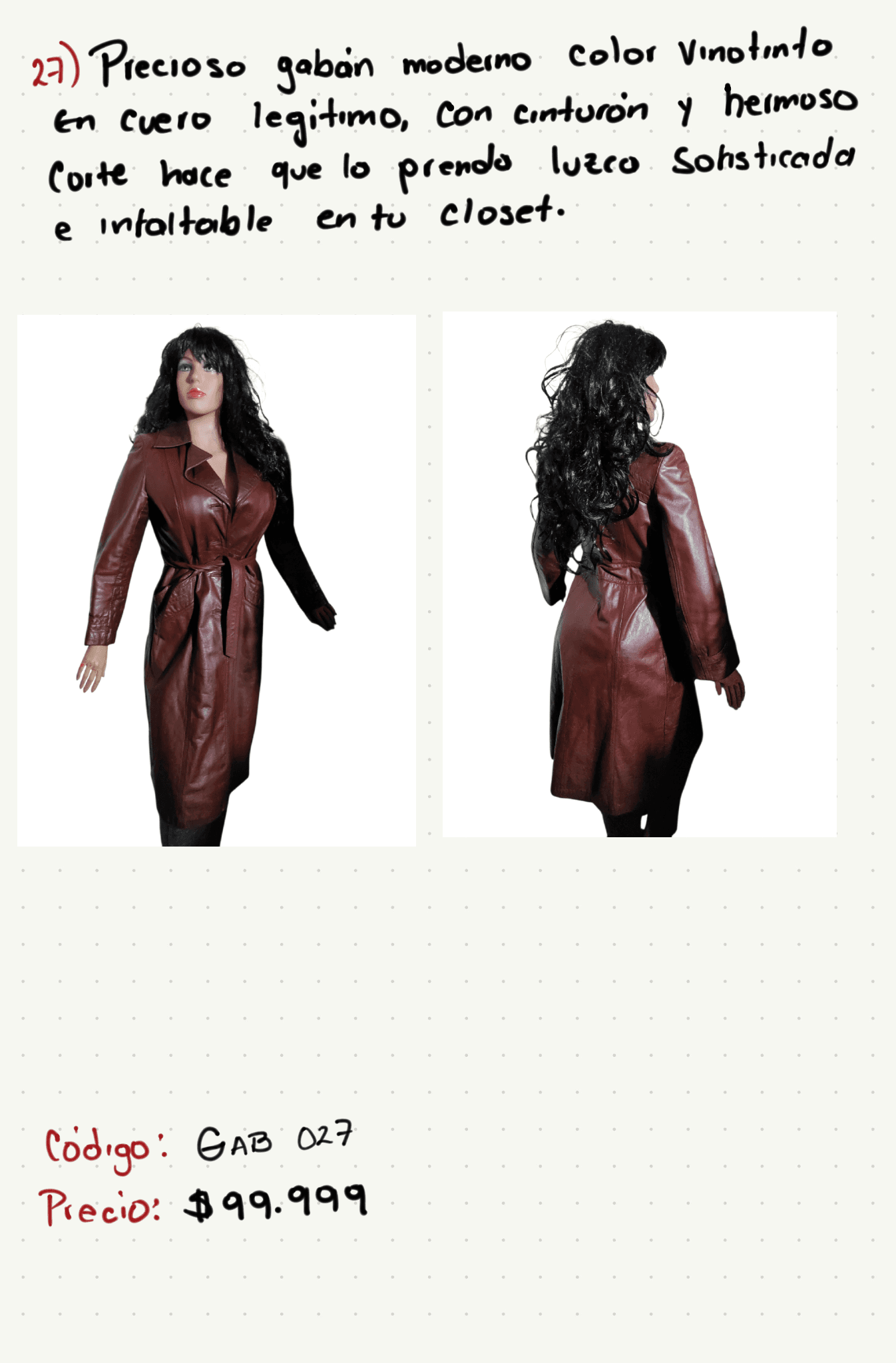 Precioso gabán moderno color vinotinto en cuero legítimo con cinturón — foto 1