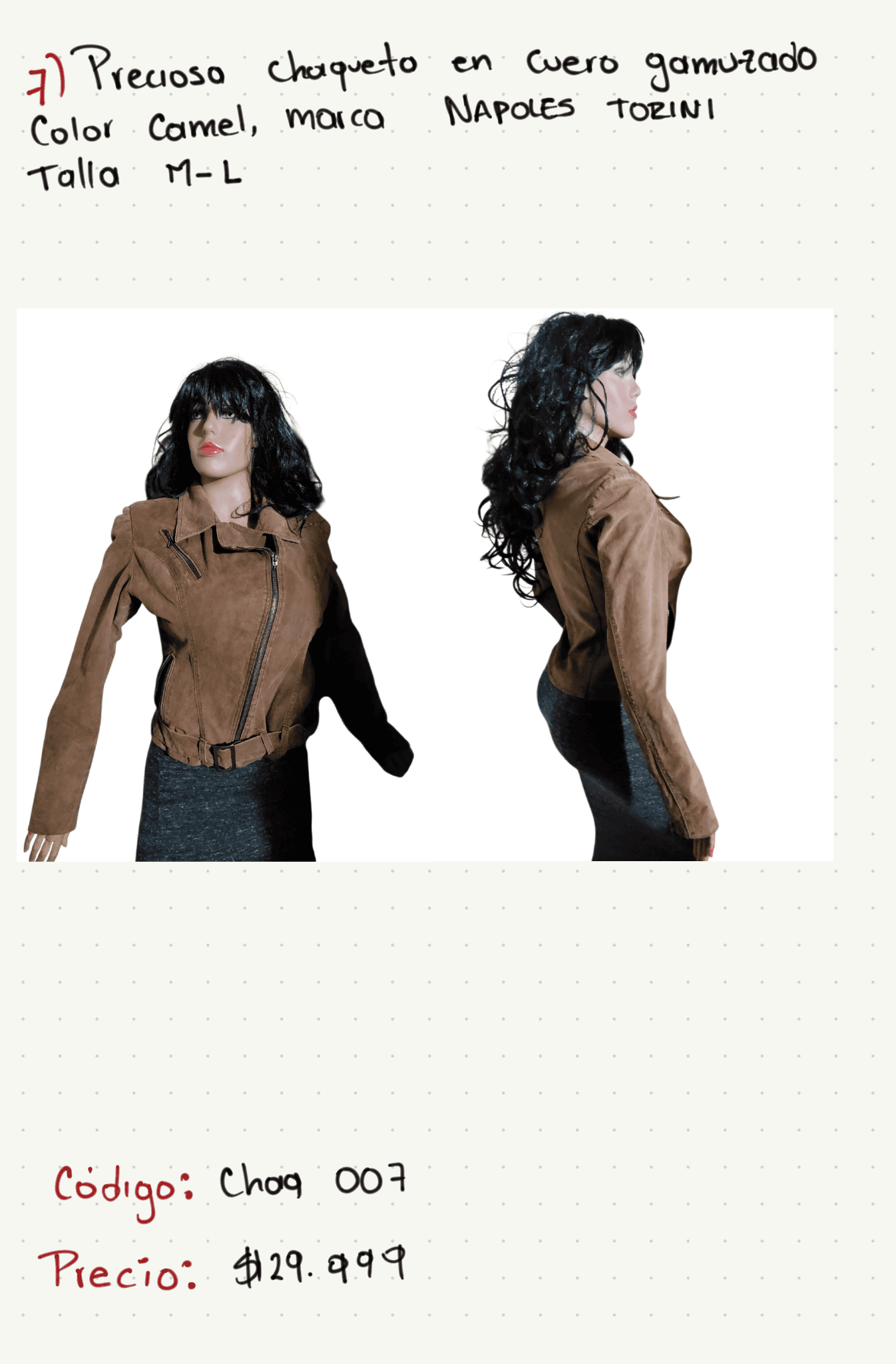 Preciosa chaqueta en cuero gamuzado color camel, marca Napoles Torini — foto 1